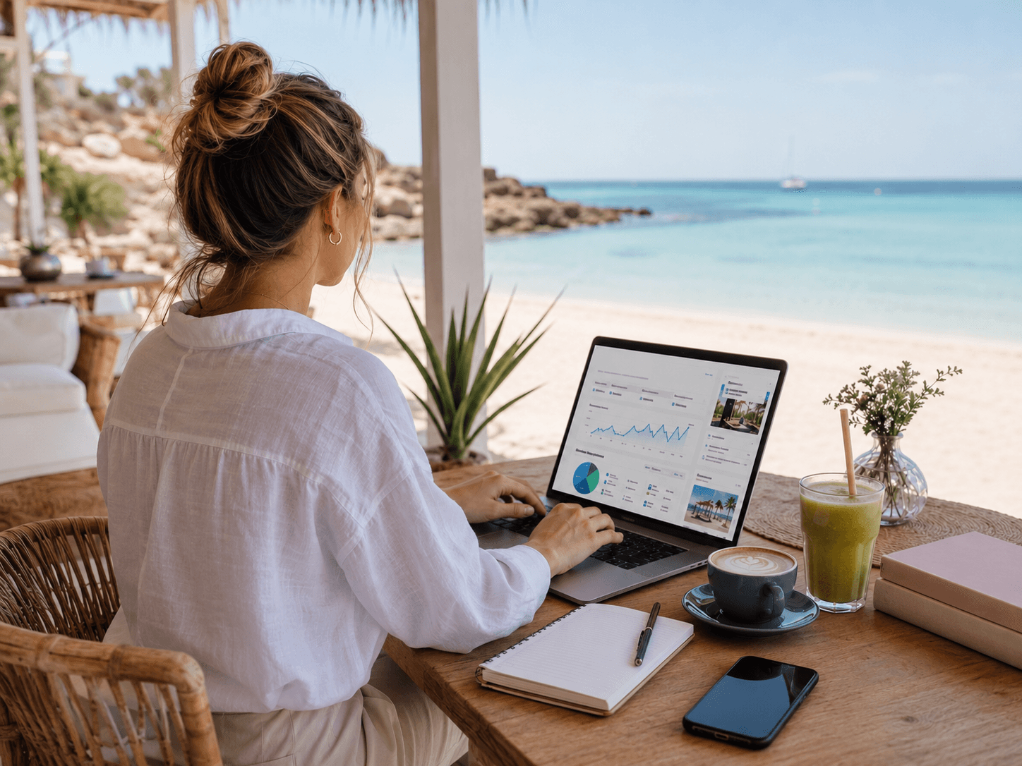 Affiliate Marketer working on a laptop, looking out over a quiet beach.