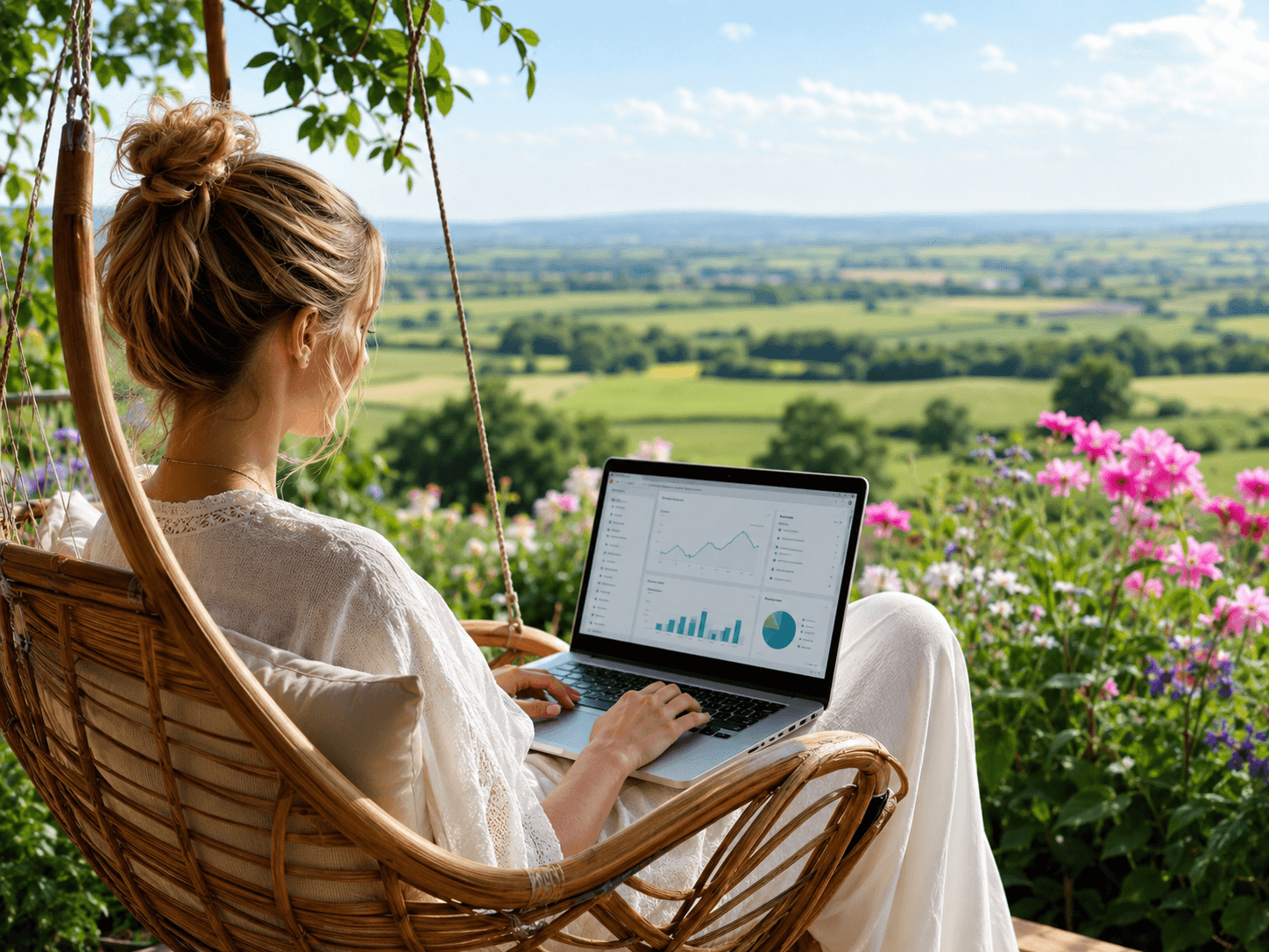 Affiliate Marketer trabalhando em um laptop em um balanço ao ar livre, cercado por um cenário natural.