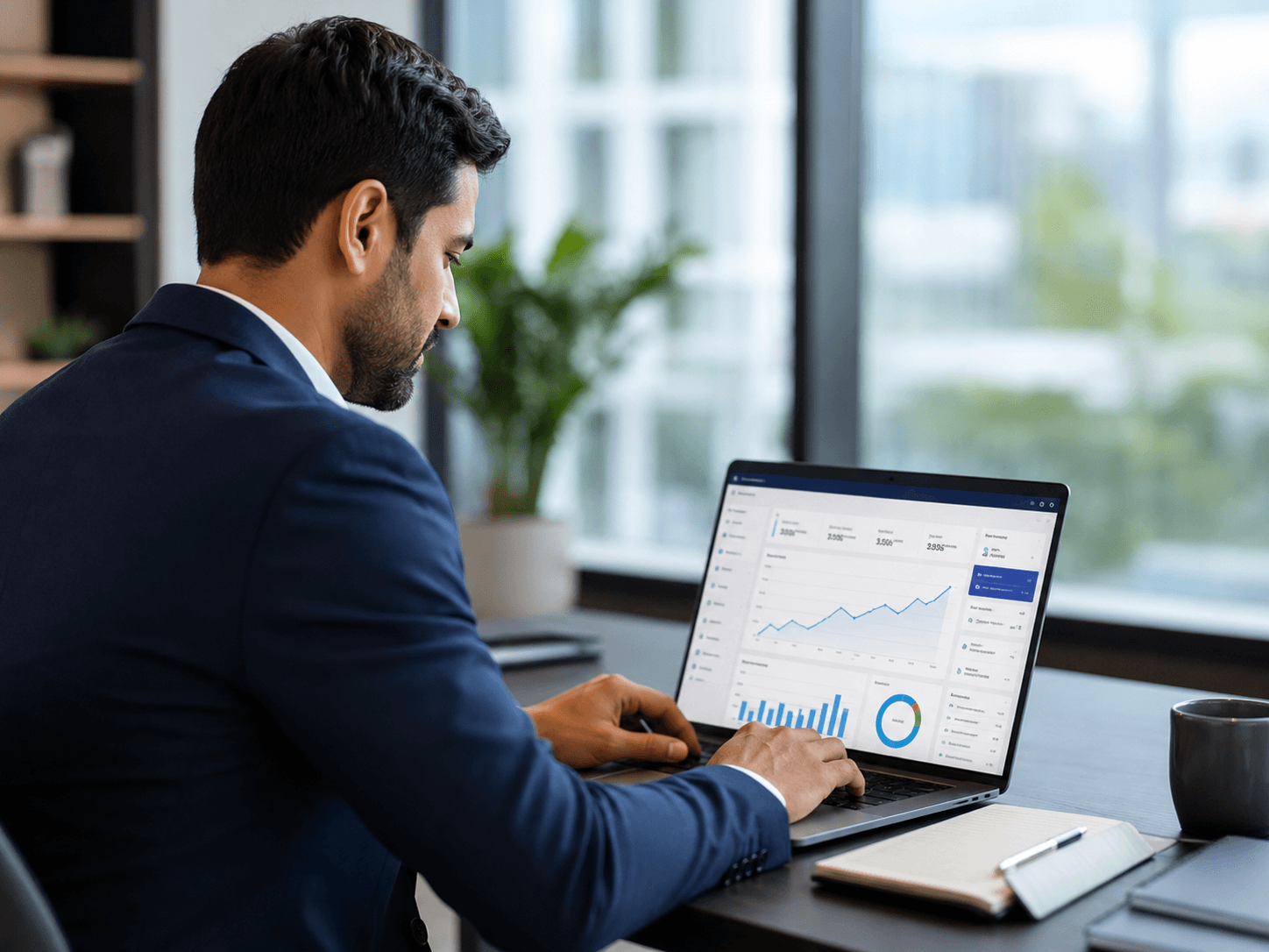 Business owner viewing Affiliate program growth metrics on a laptop.